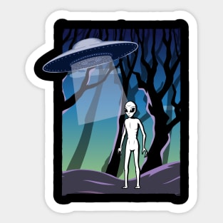 Ufo alien funny cute flying spaceship astronaut moon mars cosmic forest Sticker